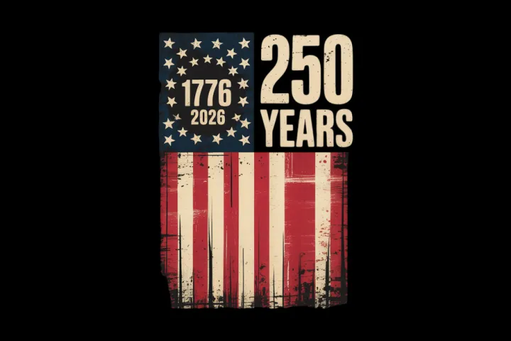 Distressed U.S. flag design with '1776-2026, 250 Years' text on black background.