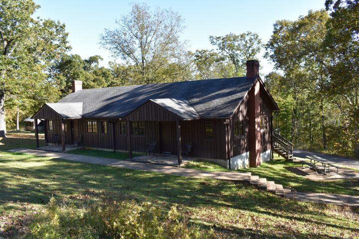 front of a cabin