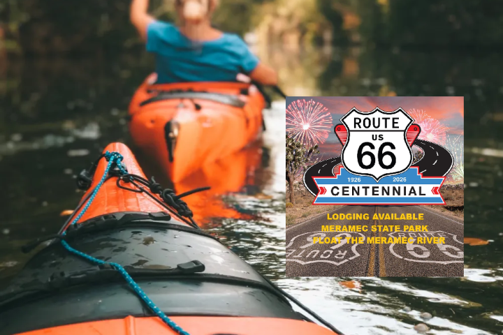 Person kayaking on calm river; Route 66 centennial sign inset.