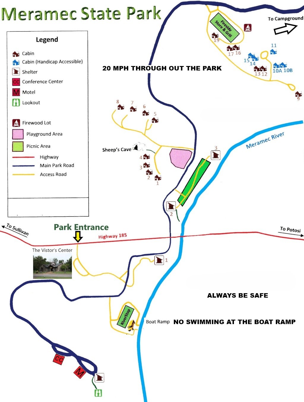 Map of Meramec State Park showing trails, facilities, and roads.