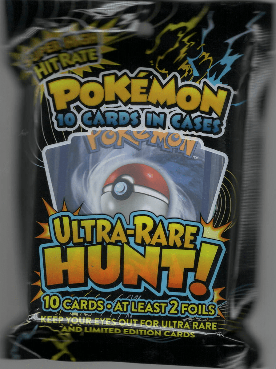 Sealed pack of Pokémon cards labeled 'Ultra-Rare Hunt!'