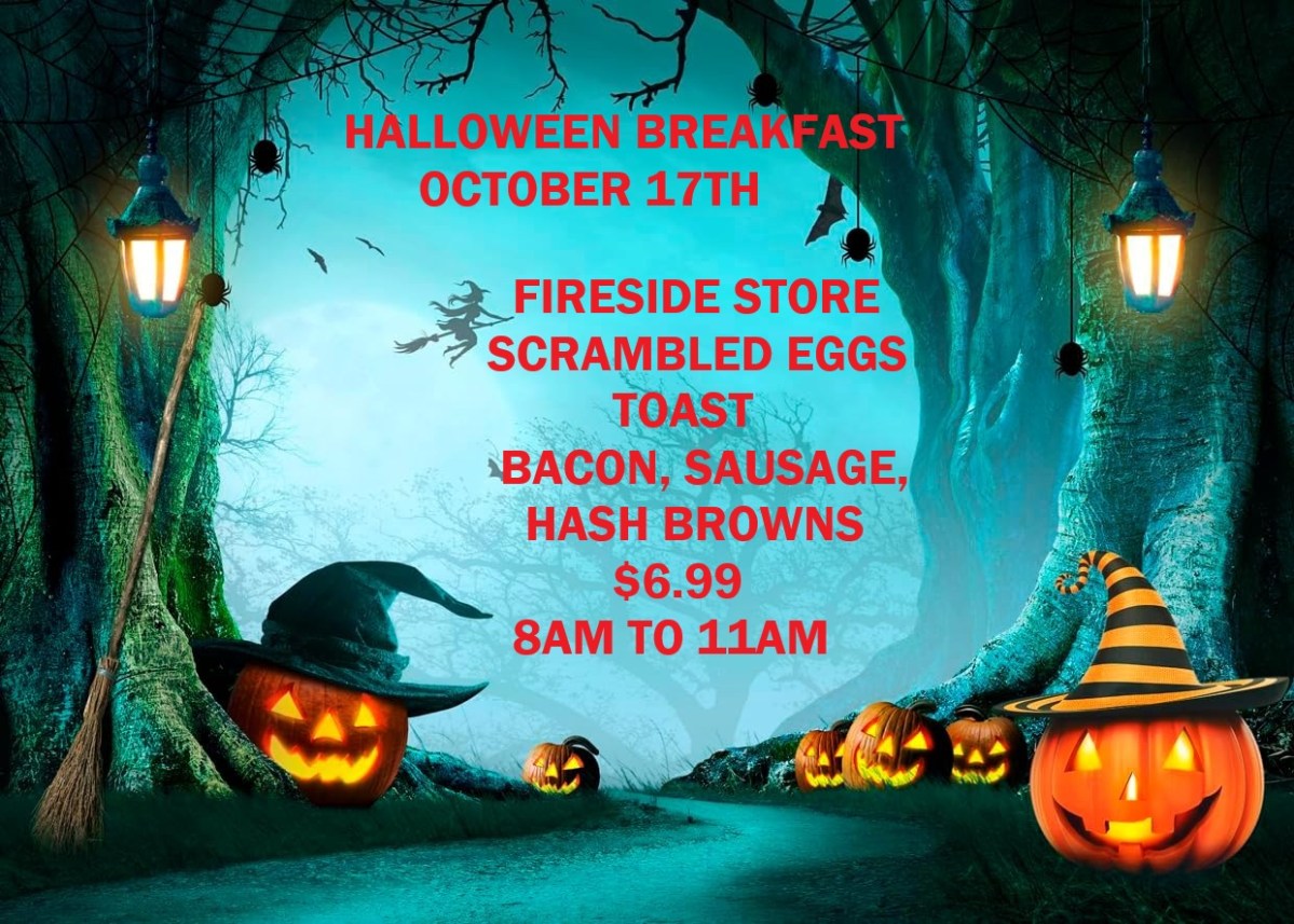 Halloween-themed breakfast menu with pumpkins and trees.